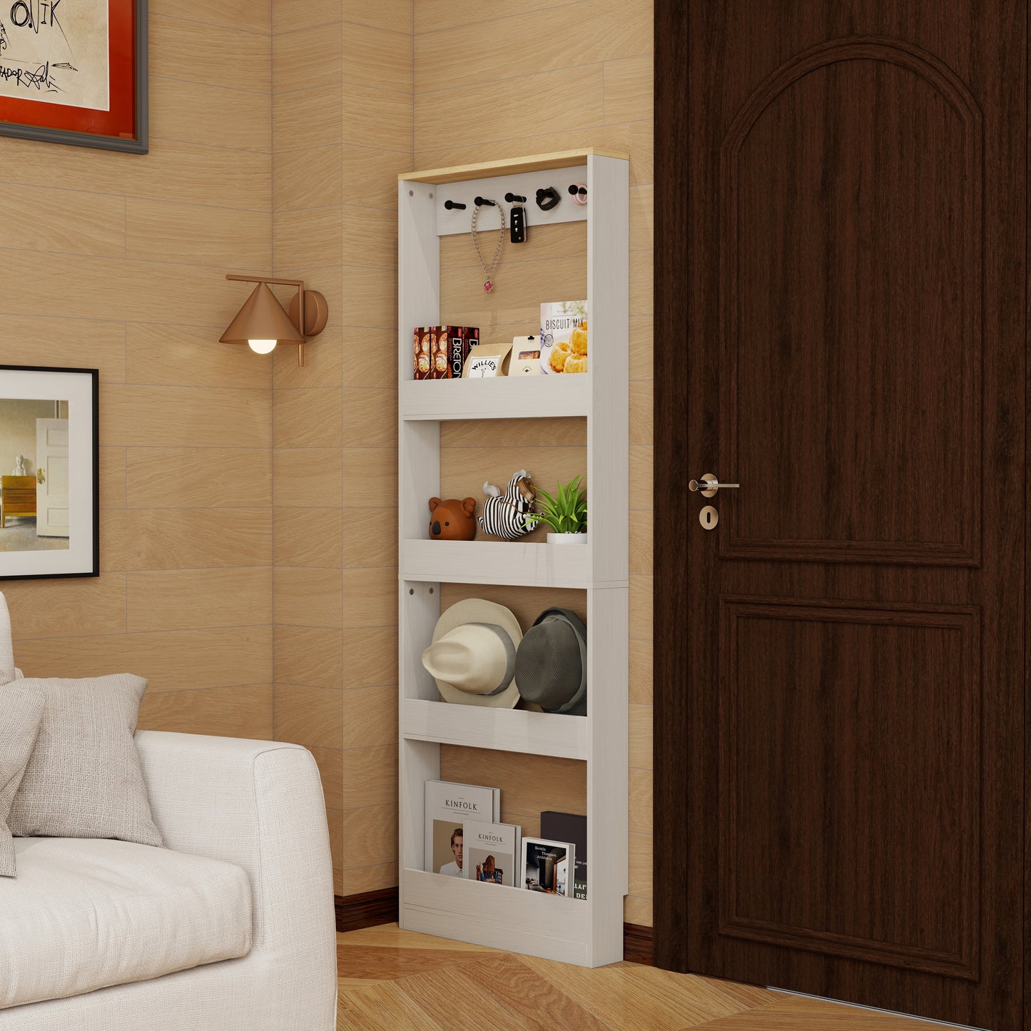Behind The Door 69 Tall Bookcase With 4 Shelves And 5 Hooks,  Space-Saving Narrow Storage Cabinet For Living Room, Children's Room, Study Room, Kitchen, Corridor-Antique White