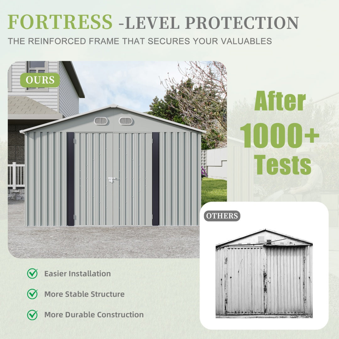 10x12 FT Outdoor Metal Storage Shed, Large Storage Sheds With Sturdy Frame Structure, Metal Garden Tool Shed With Lockable Door For Garden,Gift A Foldable Flower Pot Stand, Backyard, WHIT
