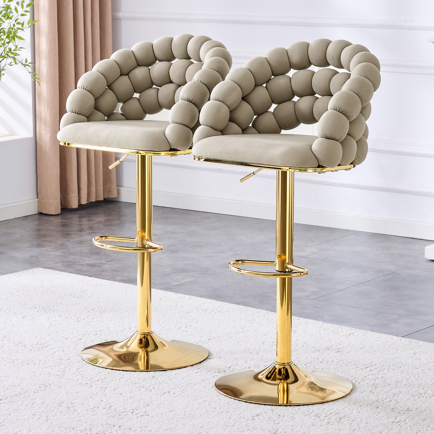 Grey Velvet Bar Stools Set Of 2  Ball Chain Backrest, Gold Plated Adjustment Frame, Stylish For Kitchen Island, Home Bar & Dining Area
