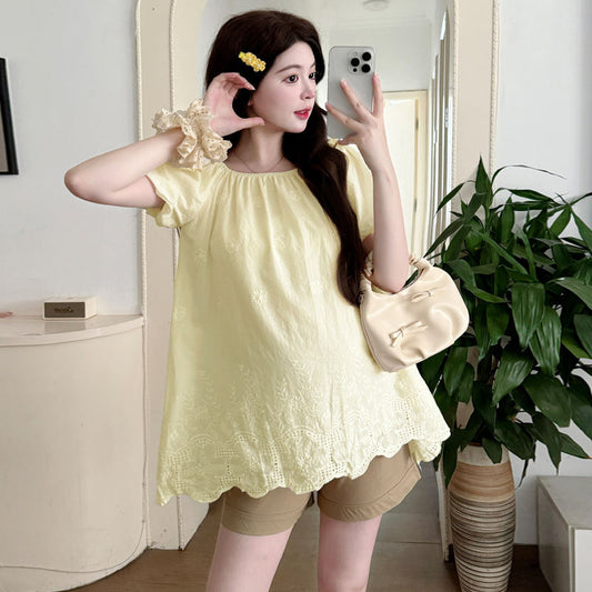 Womens Korean-style Off-shoulder Embroidered Trim Top