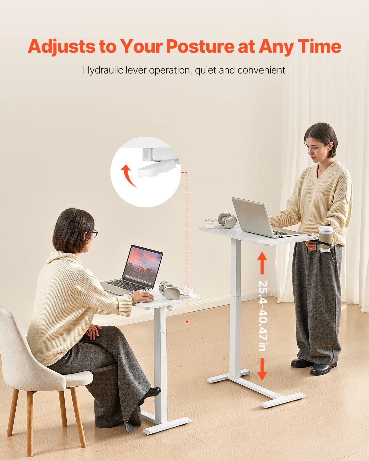 Overbed Table, Mobile Bed Side Table With 4 Hidden Wheels, Height Adjustable Rolling Laptop Desk With Cup Holder, Portable Particleboard Over Bed Desk For Home, Office, Study, White