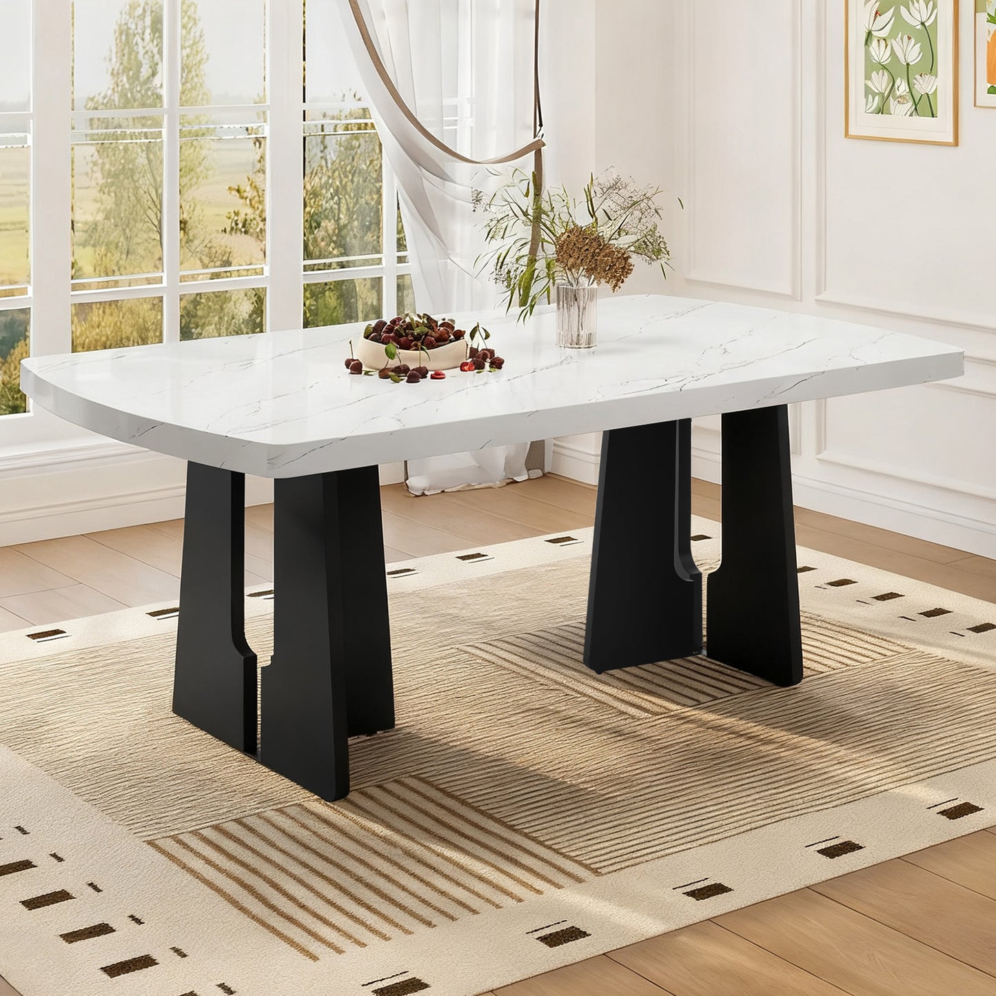 63  Modern Faux Marble Dining Table - Black White Marble Top With Sturdy Geometric Legs, Stylish Kitchen & Dining Room Table For Home, Apartment, Office, Easy To Assemble, White Black