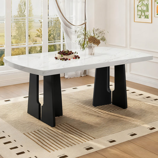 63  Modern Faux Marble Dining Table - Black White Marble Top With Sturdy Geometric Legs, Stylish Kitchen & Dining Room Table For Home, Apartment, Office, Easy To Assemble, White Black