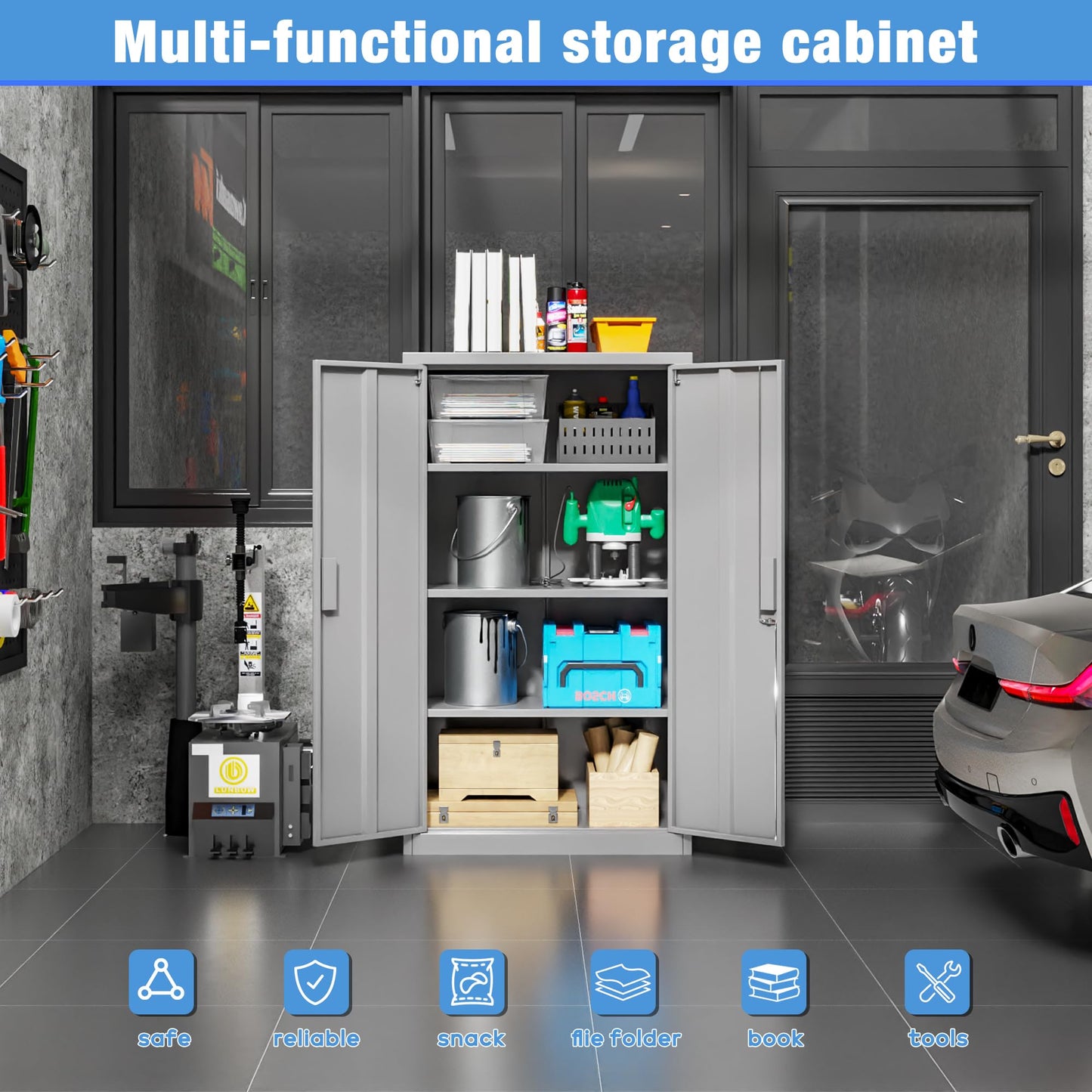 Metal Garage Storage Cabinet, Lockable Steel Storage Cabinet With 3 Adjustable Shelves For Garage, Office, Home, Assembly Required, Gray