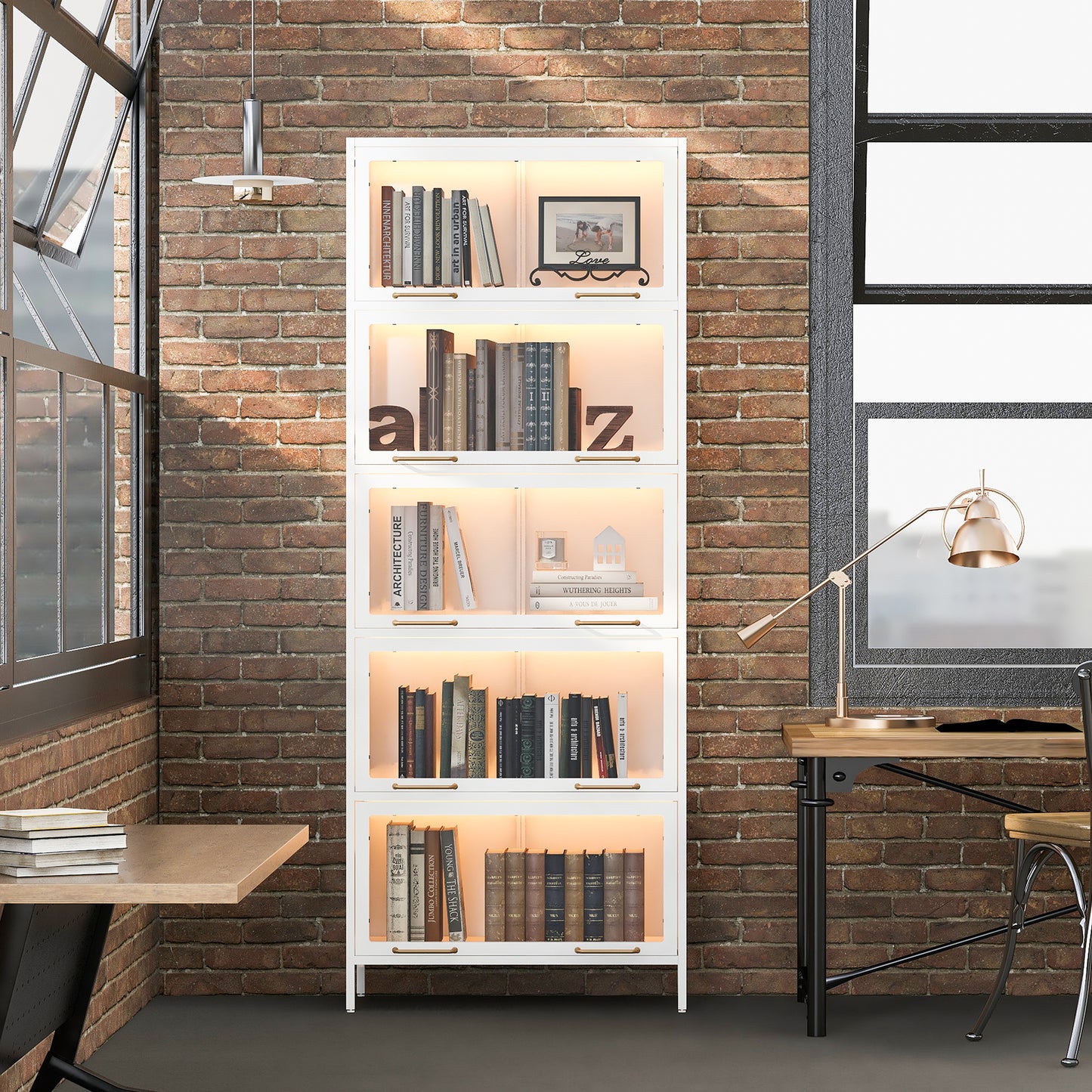76.75  Tall Iron Display Cabinet With Glass Doors, 5-Tier Steel Barister Bookcase With LED Lights For Collectibles, Modern Style Curio Cabinet For Home Living Room Office Study & Playroom - White