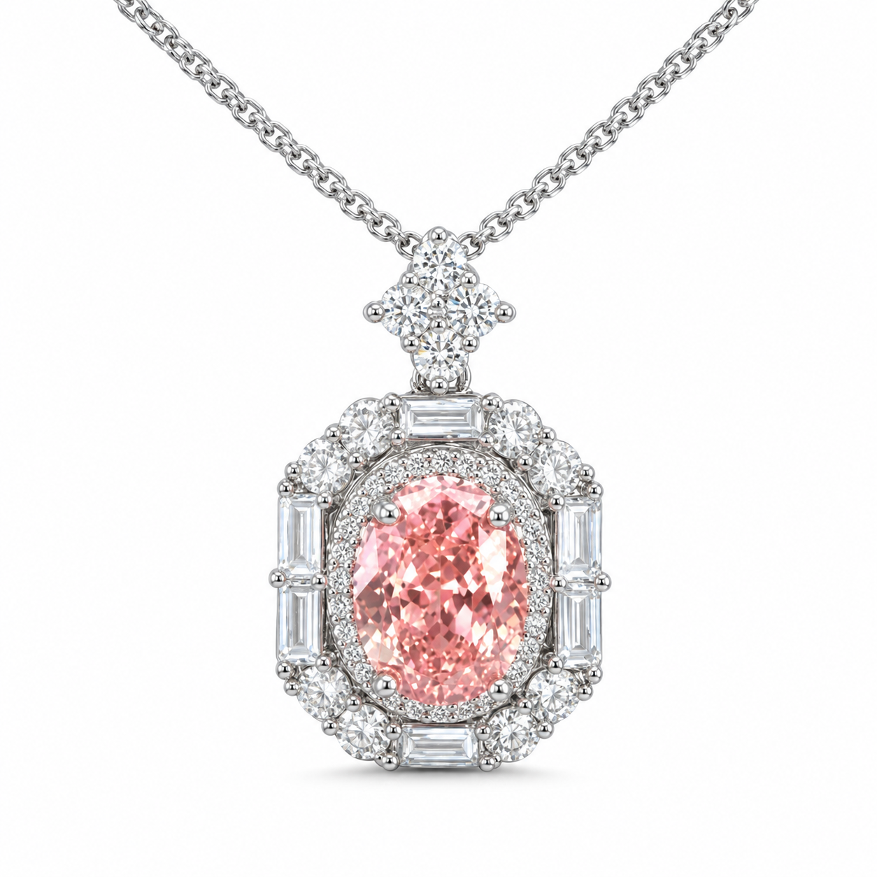 Oval Cut  CZ Multi-Shape Halo Pendant Necklace For Women, Copper Plated Silver Round & Baguette White Cubic Zirconia Vintage Royal Wedding Bridal Statement Jewelry Gift