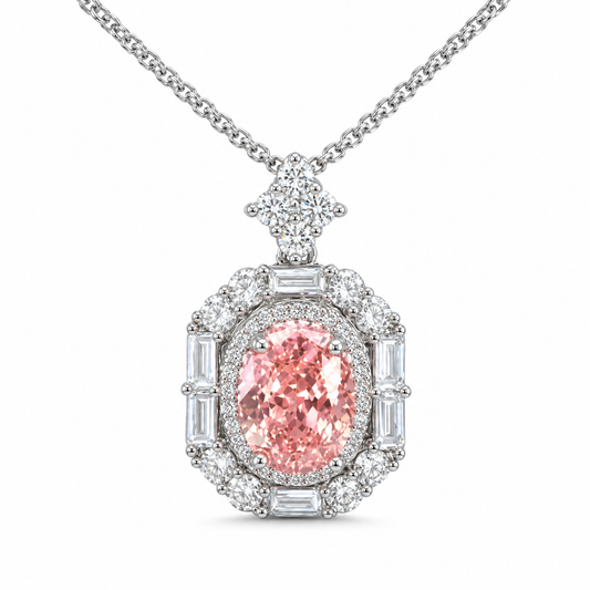 Oval Cut  CZ Multi-Shape Halo Pendant Necklace For Women, Copper Plated Silver Round & Baguette White Cubic Zirconia Vintage Royal Wedding Bridal Statement Jewelry Gift