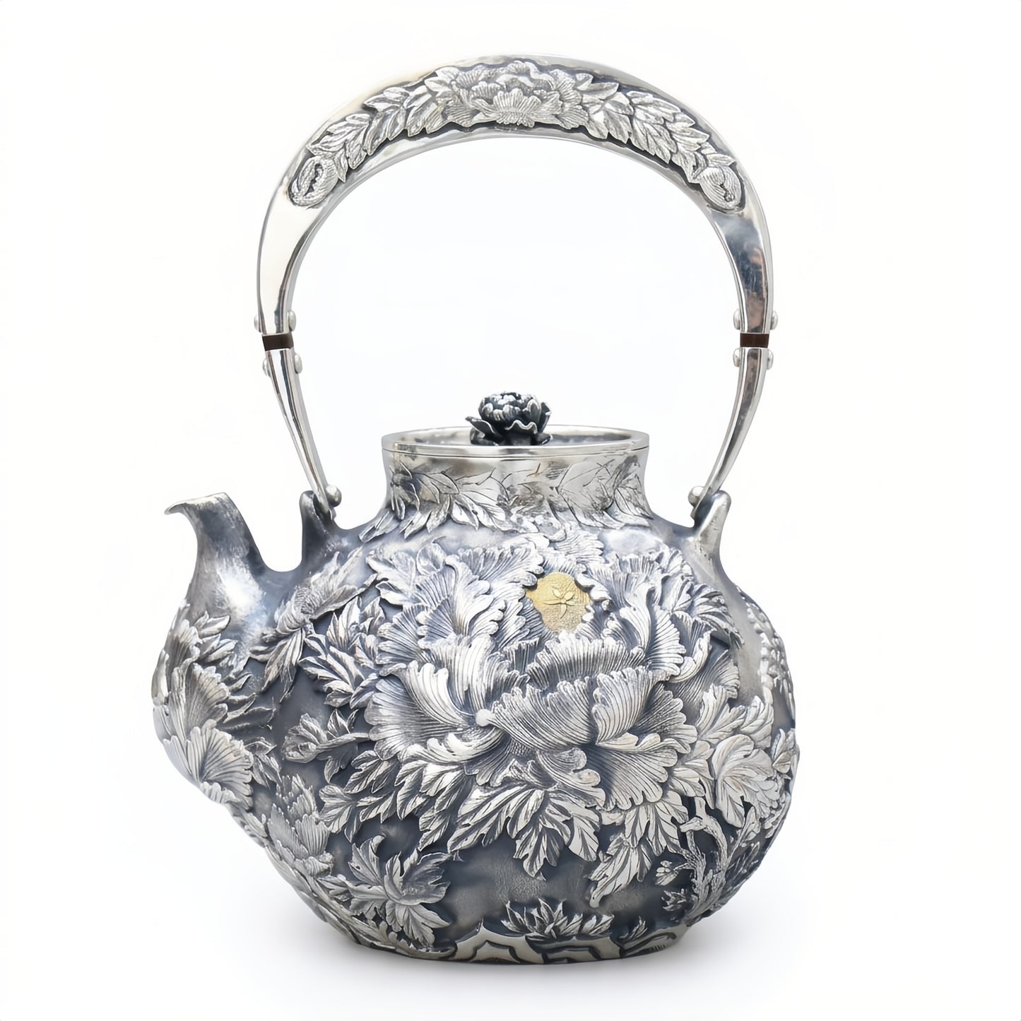 Pure 999 Fine Silver Exquisite Hand-Crafted Silver Tea Kettle with Ornate Peony Relief and Floral Finial - Handicraft