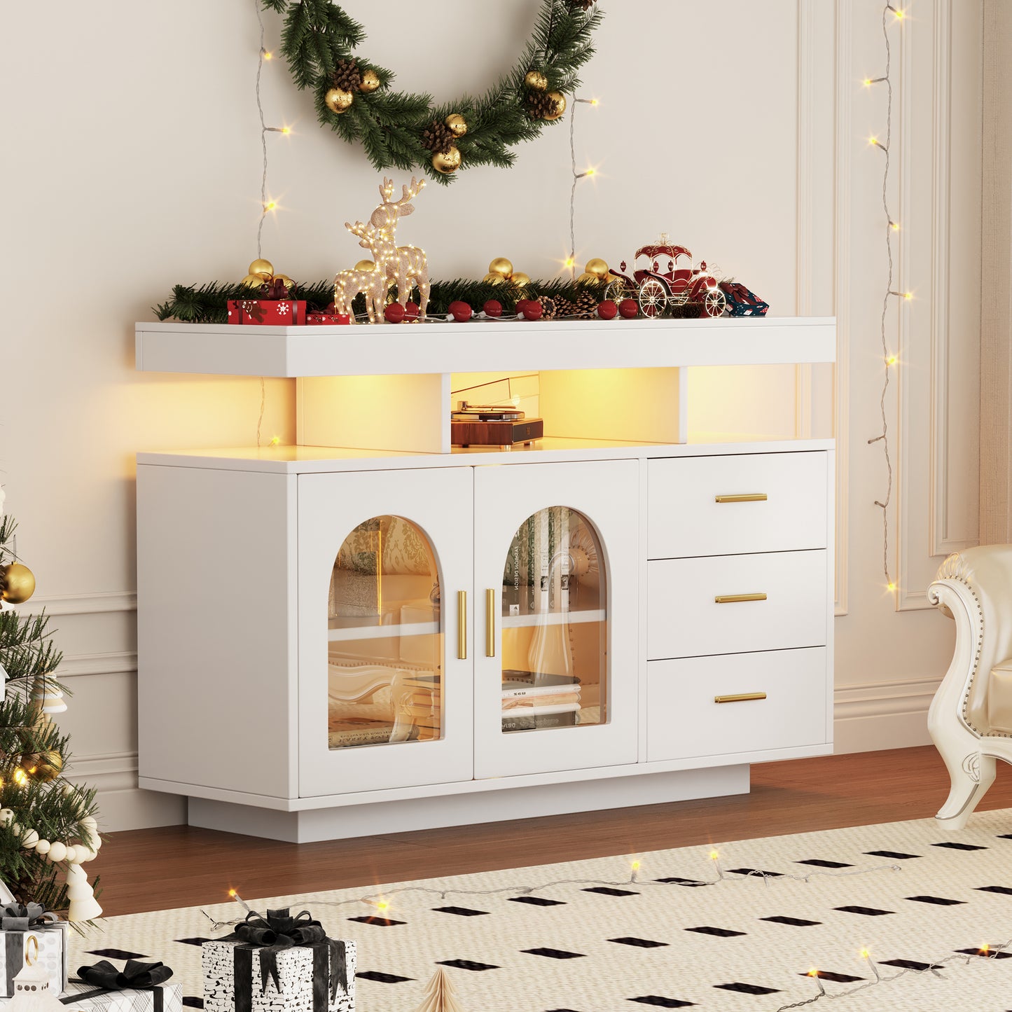 323704705WAA LED Sideboard Buffet Cabinet, 120cm Coffee Bar Cabinet, Drawer Cabinet, Sideboard Living Room, High Gloss Kitchen Cabinet With 16 Color Lights For Dining Room  White