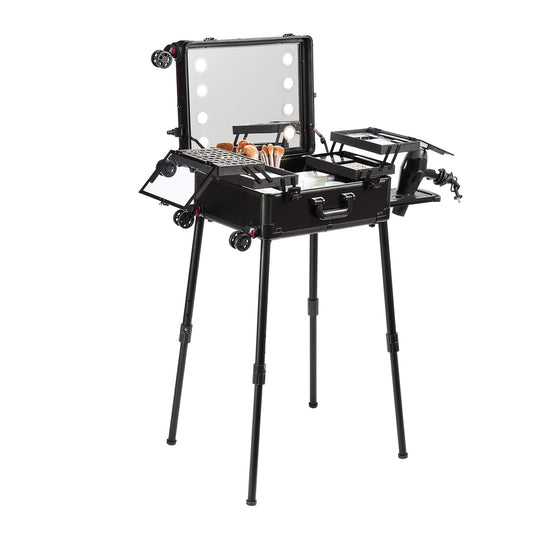 Makeup Train Case With Lock, Lighted Mirror, 4 Storage Trays, Brush Holder, Travel Cosmetic Organizer Box W/ Swivel Wheels, Professional Artist Trolley Studio Free Standing Case