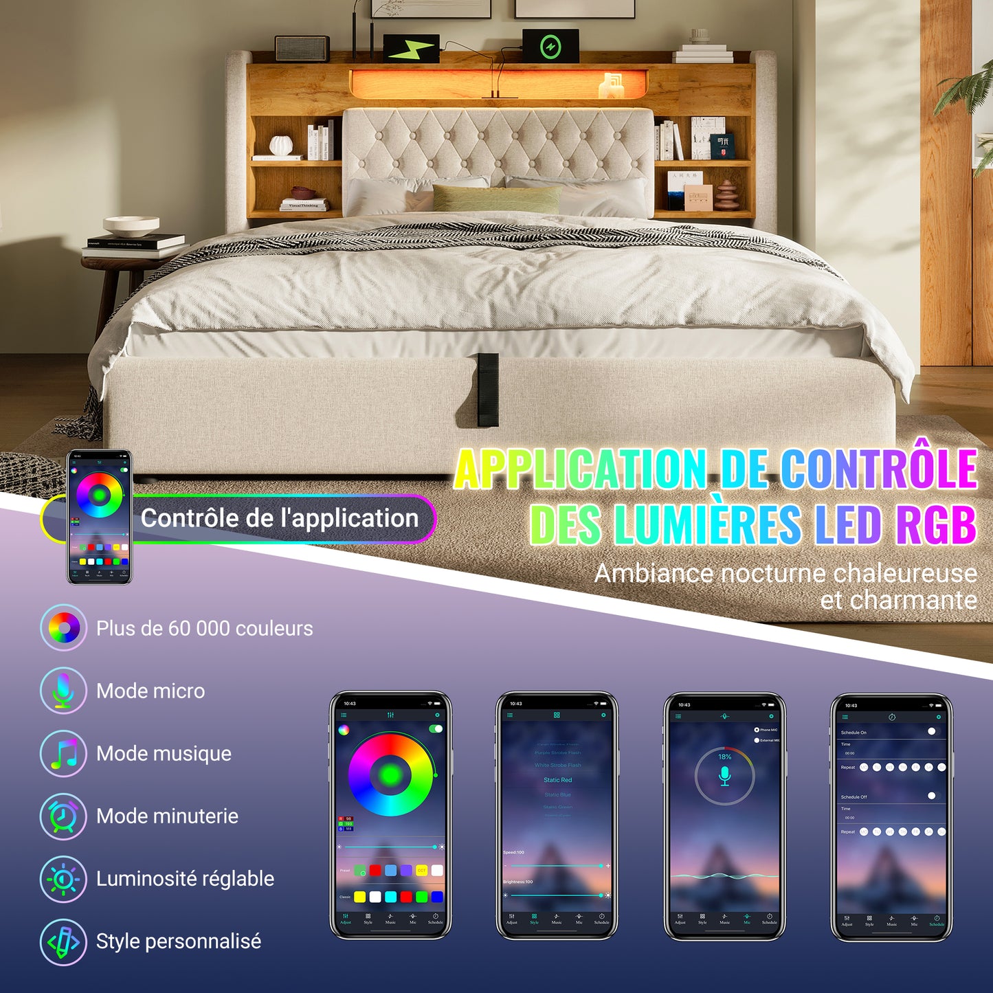 Upholstered Bed 140x200cm With Hydraulic Bed Base & LED Lighting, Bed Frame With USB Type-C Charging Function, Headboard With Shelf & Storage Space, Linen Fabric, Beige  Without Mattress