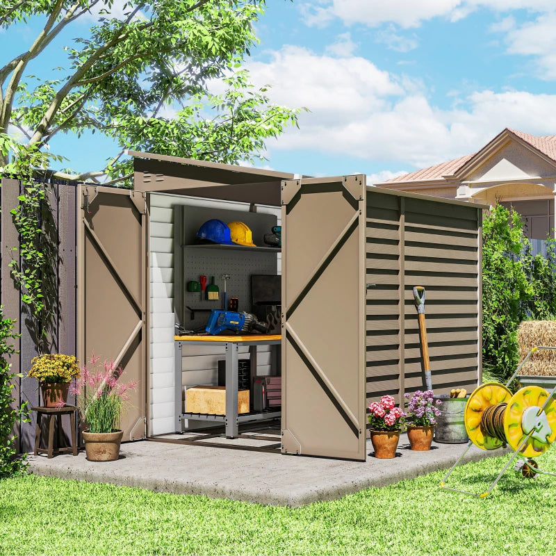 4.6' X 9' Outdoor Storage Shed, Lean To Metal Shed With Foundation Kit, Lockable Doors And Gloves For Patio, Lawn, Brown Multiple Packages