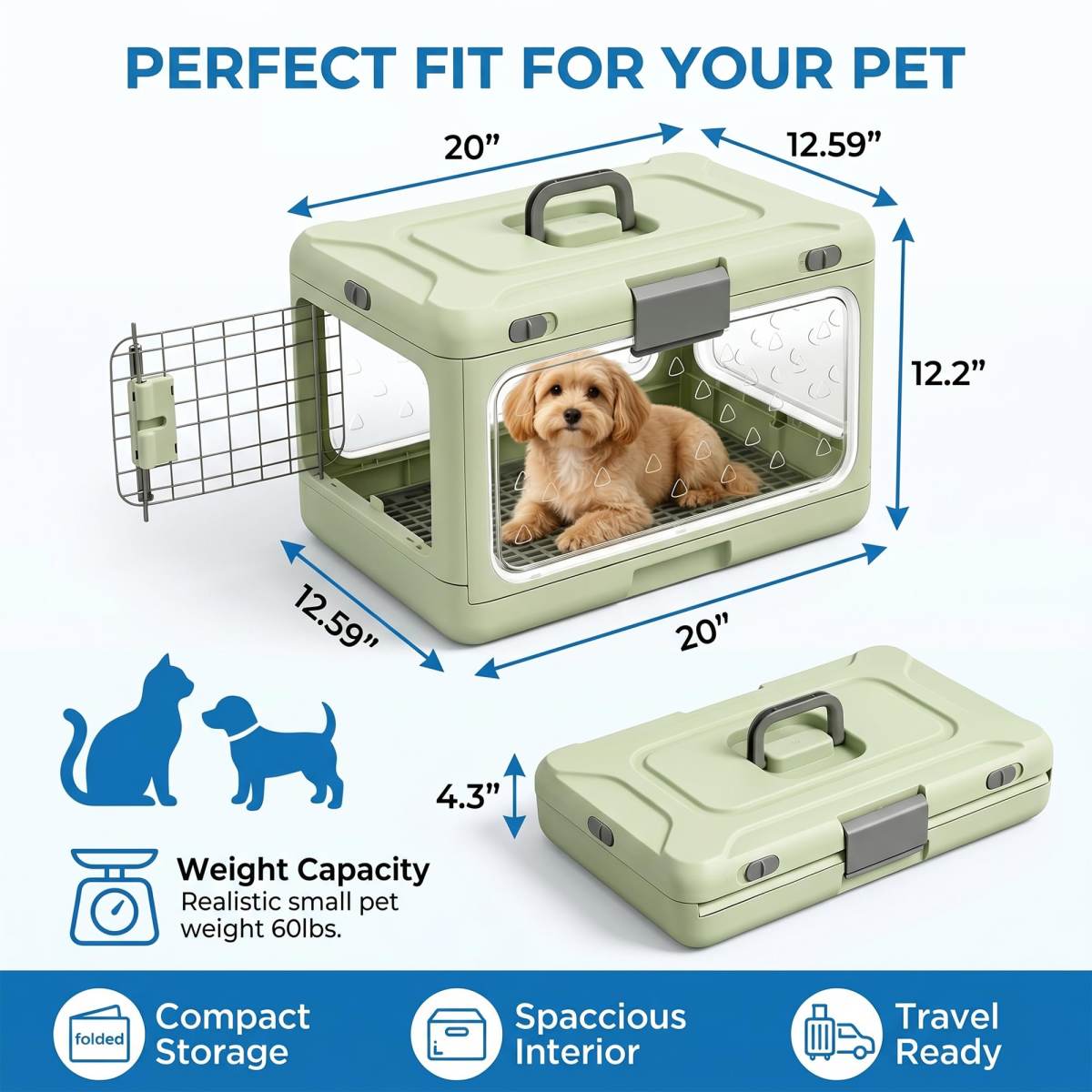 Foldable Hard Cat Carrier, Transparent Pet Crate For Cats & Small Dogs, Collapsible Travel Kennel With Ventilation & Urine Pad Mesh Grid, Portable Travel Cage, Essential For Pet Travel