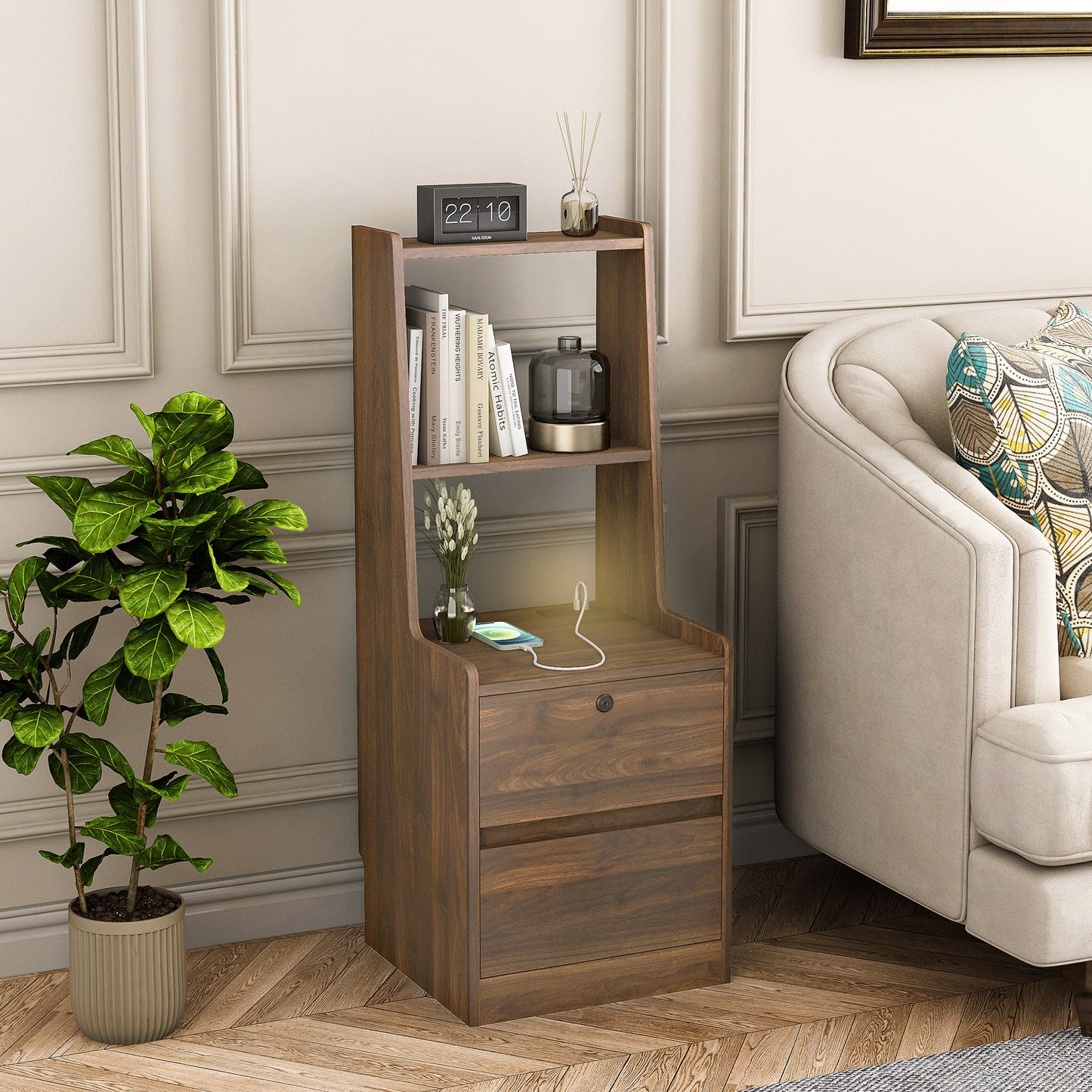 Nightstand With Charging Station, Smart Nightstand With Night Light, Modern Night Stand With Bookshelf, Bedside Tables With Storage Cabinet For Bedroom, Wood
