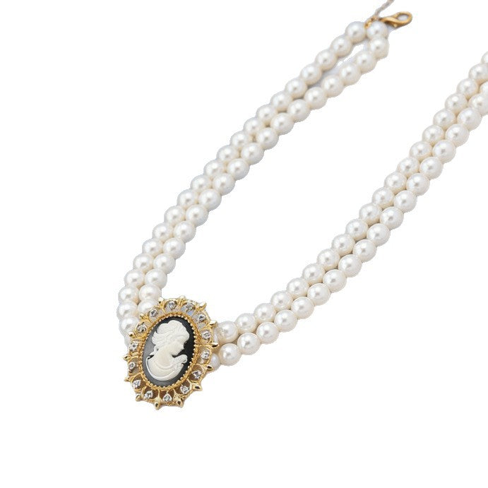 Luxury-style Double-layer Faux Pearl Beauty Portrait Necklace And Bracelet Set