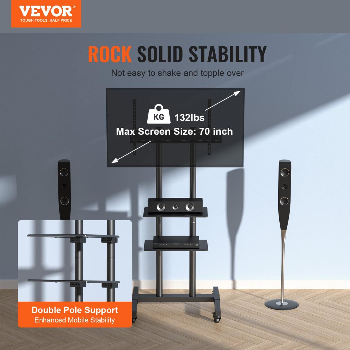 Mobile TV Stand, Mobile TV Cart For 32 To 70 Inch TVs, Height Adjustable Portable TV Stand With Wheels, Double Tray For Audio-Visual Devices, Rolling TV Stand With Mount For Bedroom, Living Room