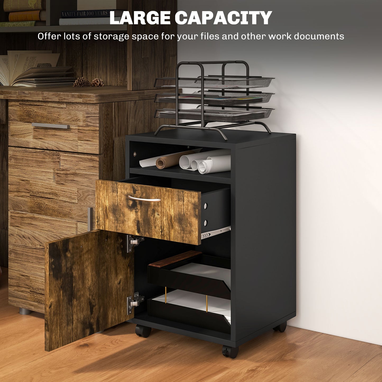 60cm Filing Cabinet With Drawer, Open Shelf, Metal Handles And 4 Wheels, Office Home Organiser Mobile Printer, Rustic Brown