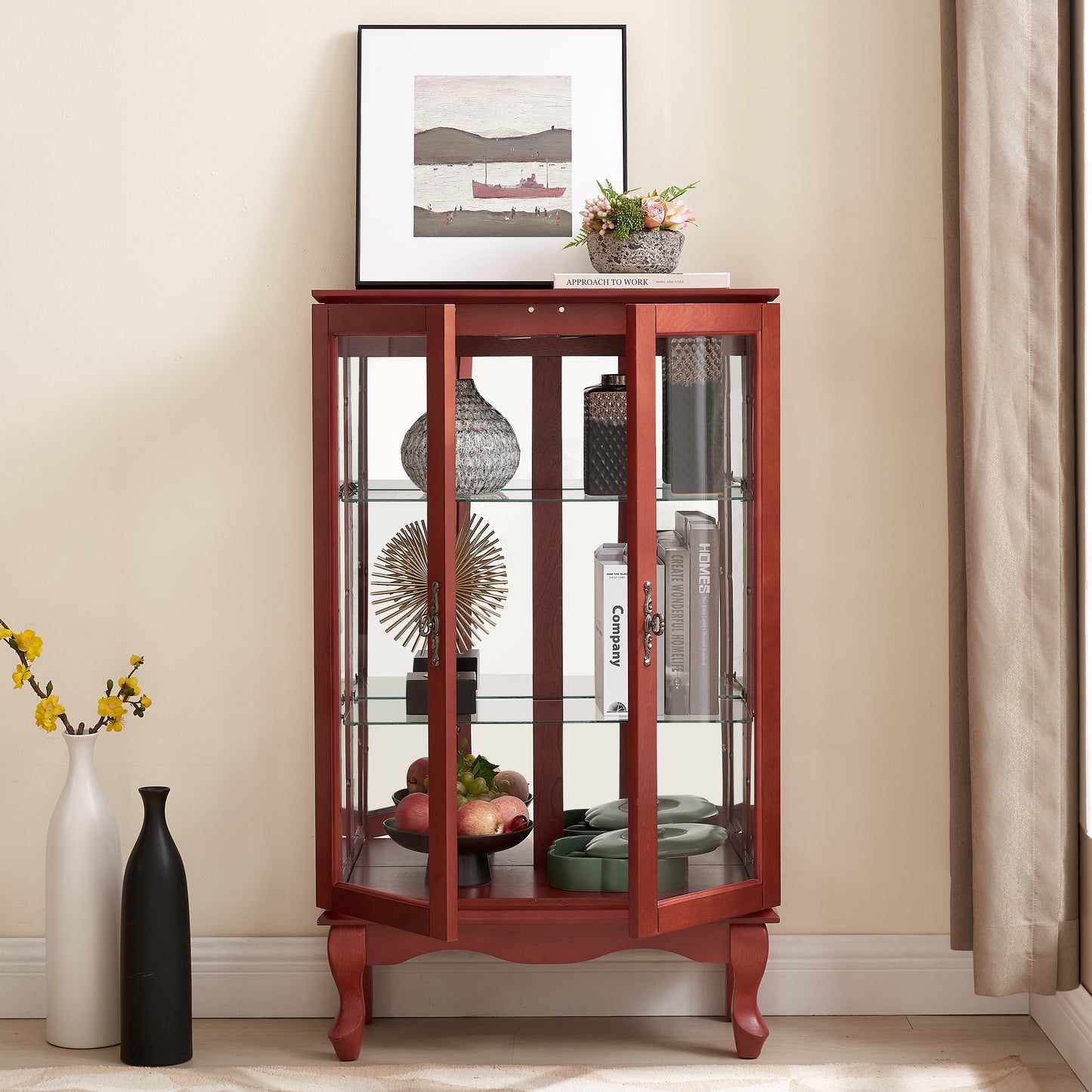 2 Doors Curio Cabinet With Tempered Glass Doors, Curio Cabinets With Mirrored Back Panel And Adjustable Shelves, Lighted Display Cabinet For Home, Office Light Bulb Included Cherry