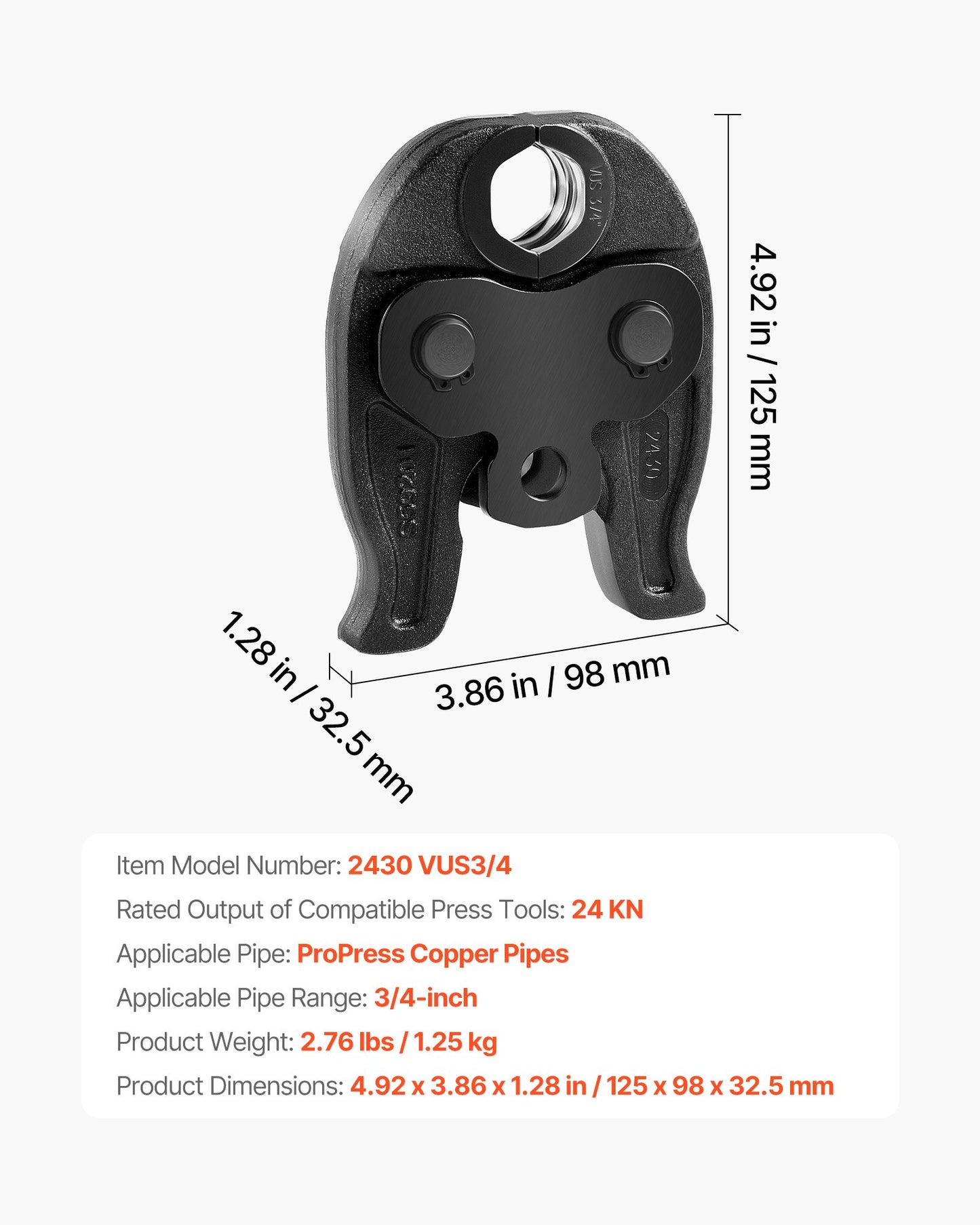 3/4" ProPress Jaw For Compact Series Press Tools, 52 HRC Hardened Steel Pressing Jaw - Compatible With 24KN Press Tools For Copper Pipes Connections