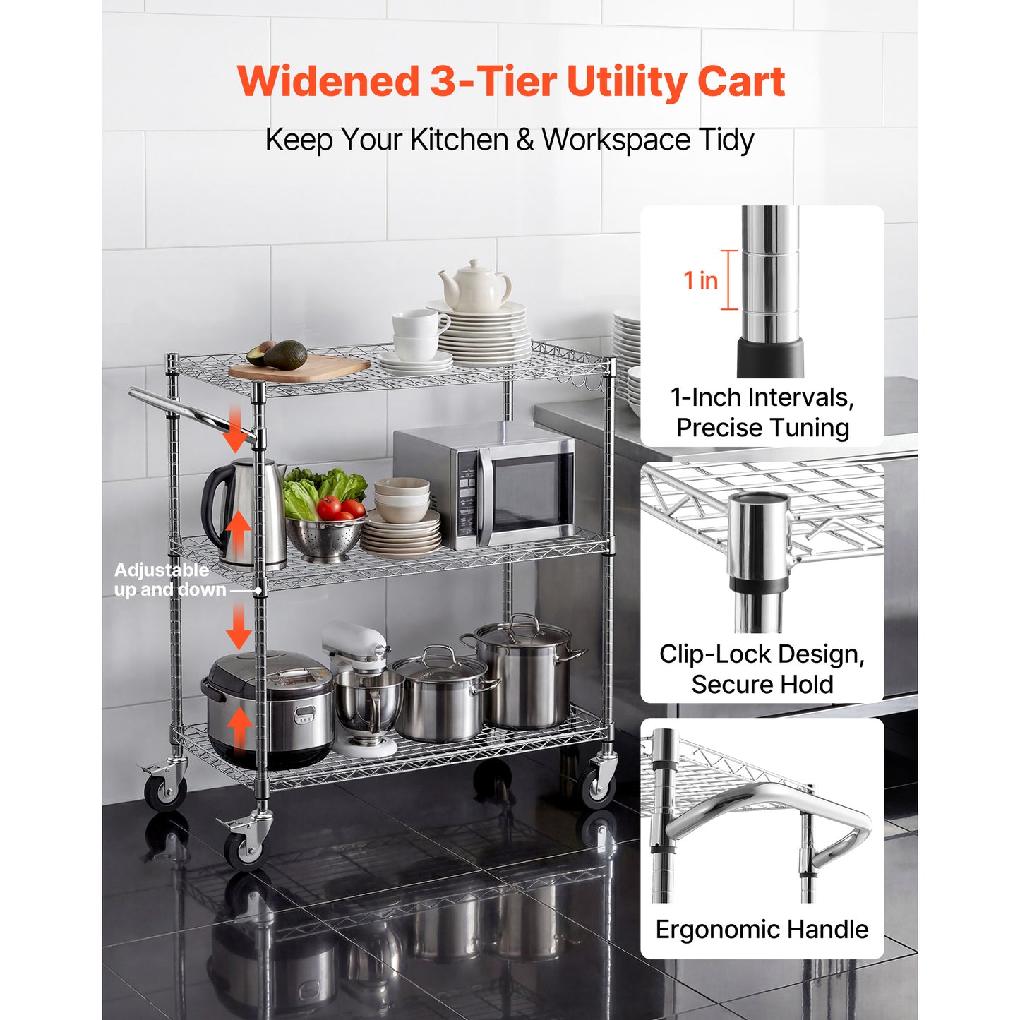 Kitchen Utility Cart, 3 Tier Heavy Duty Adjustable Wire Storage Rack, Commercial Steel Rolling Service Trolley On Wheels, Work Table With Handle Bar, For Garage And Laundry Room, 35x17.8x40.9 In