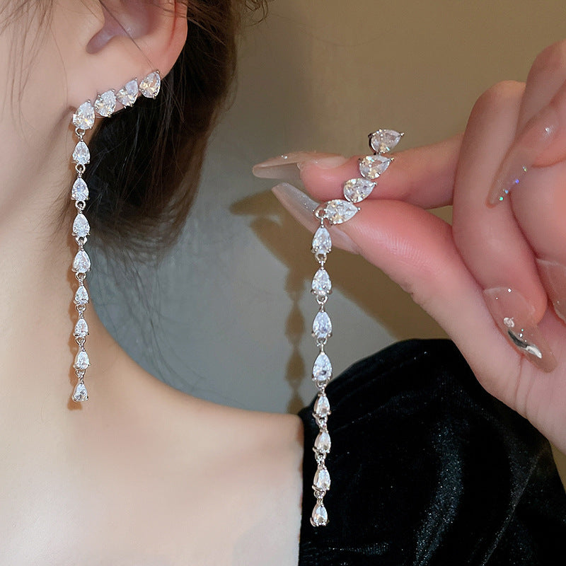 Delicate Fringe Earrings For Women S925 Silver Post CZ Tassel Exquisite Drop Jewelry Gift