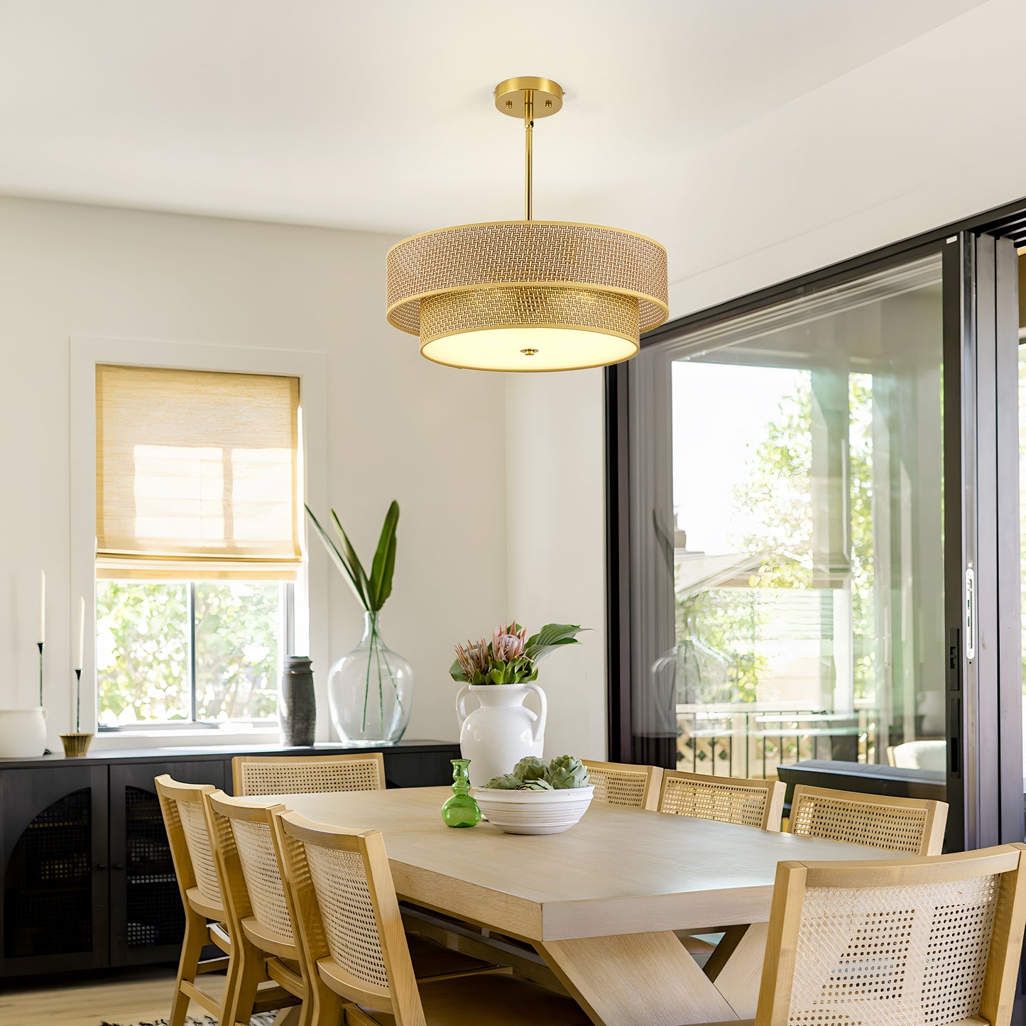 17.7 Inch Woven Rattan Linen Semi Flush Mount Ceiling Light Fixture, Modern Boho Drum Lamp For Bedroom, Kitchen, Dining Room, Living Room, Hallway, Entryway, Farmhouse Gold Wicker Chandelier