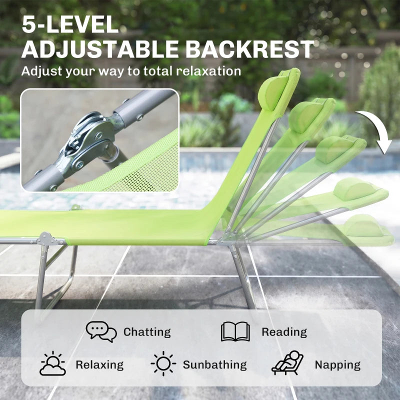 Folding Chaise Lounge Pool Chairs, Outdoor Sun Tanning Chairs With Pillow, Reclining Back, Steel Frame & Breathable Mesh For Beach, Yard, Patio, Green