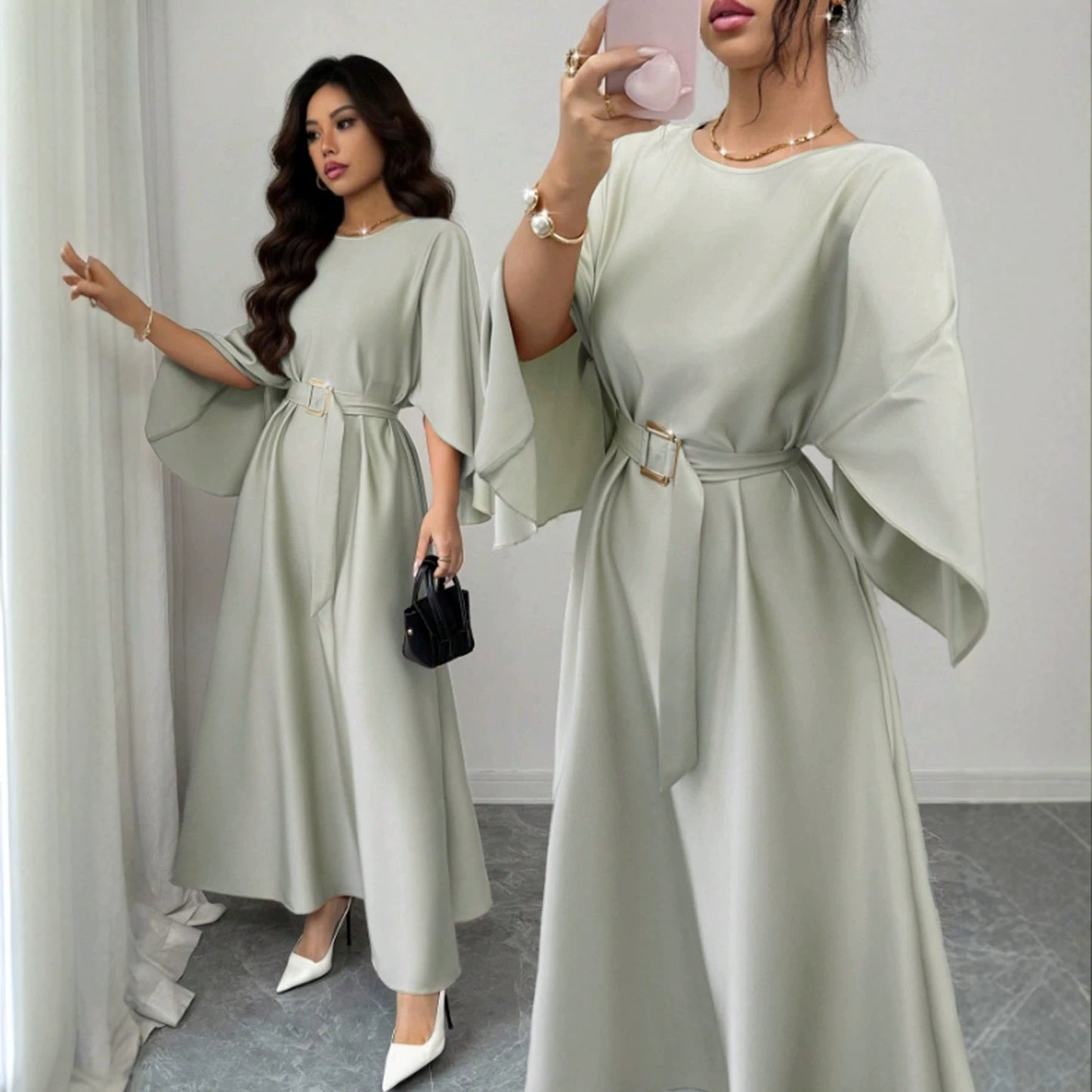 Womens Fashion Round-Neck Defined-Waistline Lace-Up Dress