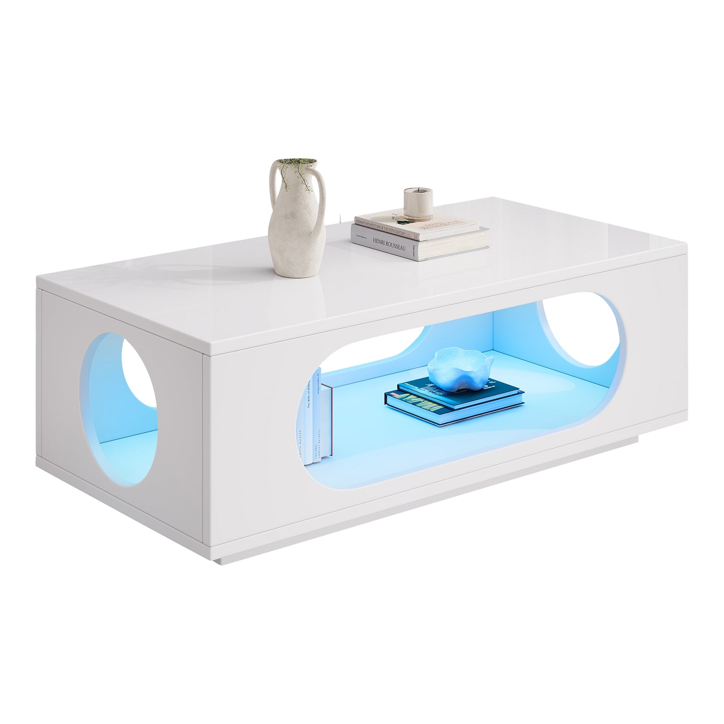 Coffee Table With LED Lighting  App Control , 100x50x35cm, MDF Material, 30kg Load Capacity,High Gloss Openwork Coffee Table,Large Storage Side Table,Sofa Table,White