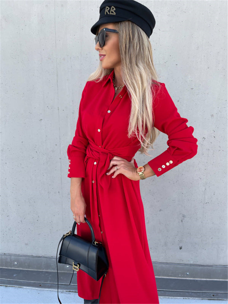 Women's Elegant Lapel Collar Long Sleeve Button Down Belted Shirt Dress, Casual Maxi Dresses With Slit For Office & Daily Wear