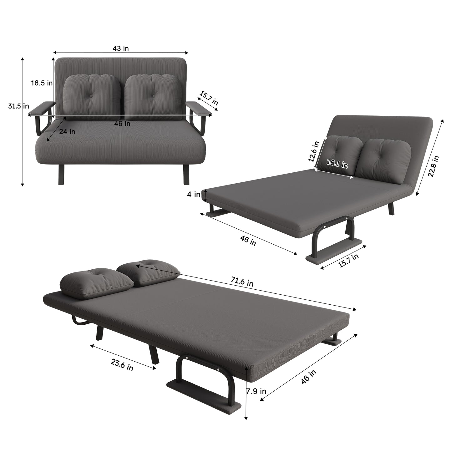 46 Wide Folding Sofa Bed 5-in-1 Convertible Chair For Two - 5-Position Adjustable Backrest With Pillow, Space-Saving Sleeper For Living Room, Bedroom & Office 71.6W X 46D Grey