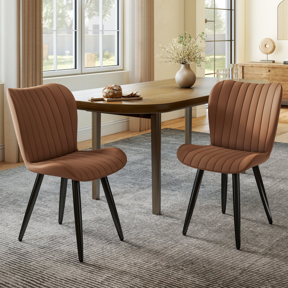 Set of 2 Modern PU Leather Dining Chairs with Thick Cushions & Metal Legs, Armless Faux Leather Side Chairs for Kitchen, Dining Room