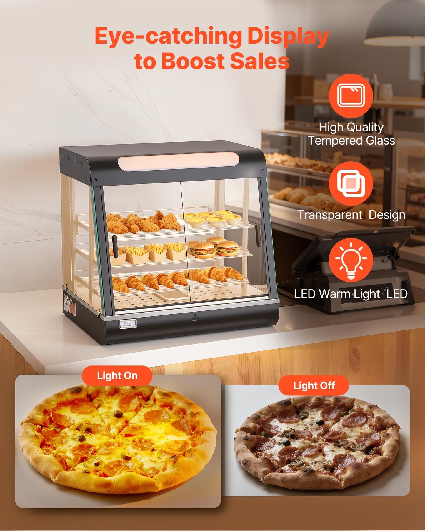 3-Tier Commercial Food Warmer Display, 1200W Food Display Warmer With LED Light, Top Storage And Adjustable Shelves, 86℉~185℉ Steam Heating, 106Qt/100L For Hamburger, Pizza, Bread, Fried Chicken