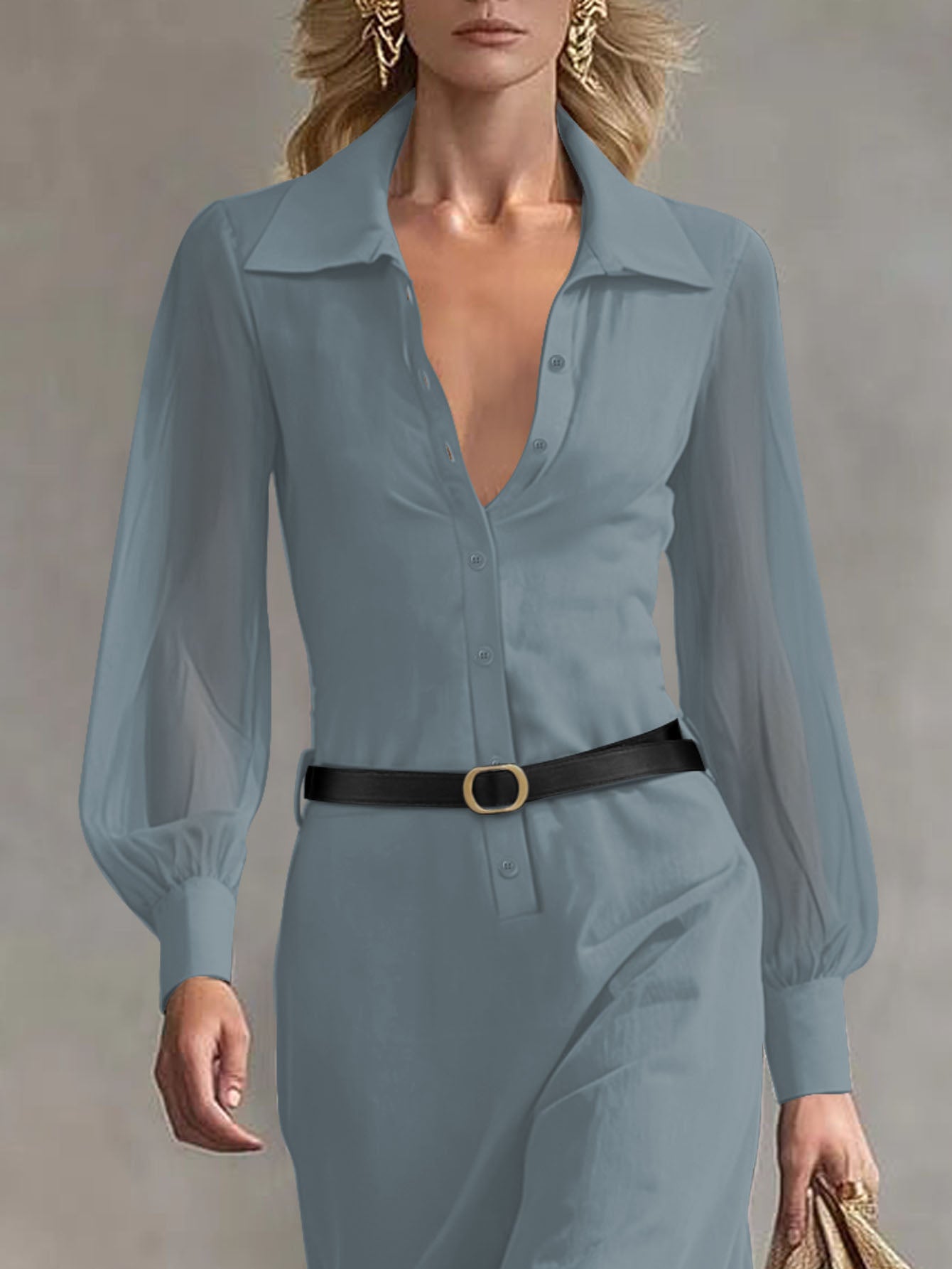 Women's Collared Neck Sheer Puff Sleeve Button Front Belted Maxi Shirt Dress Elegant Office Wear Maxi Dress