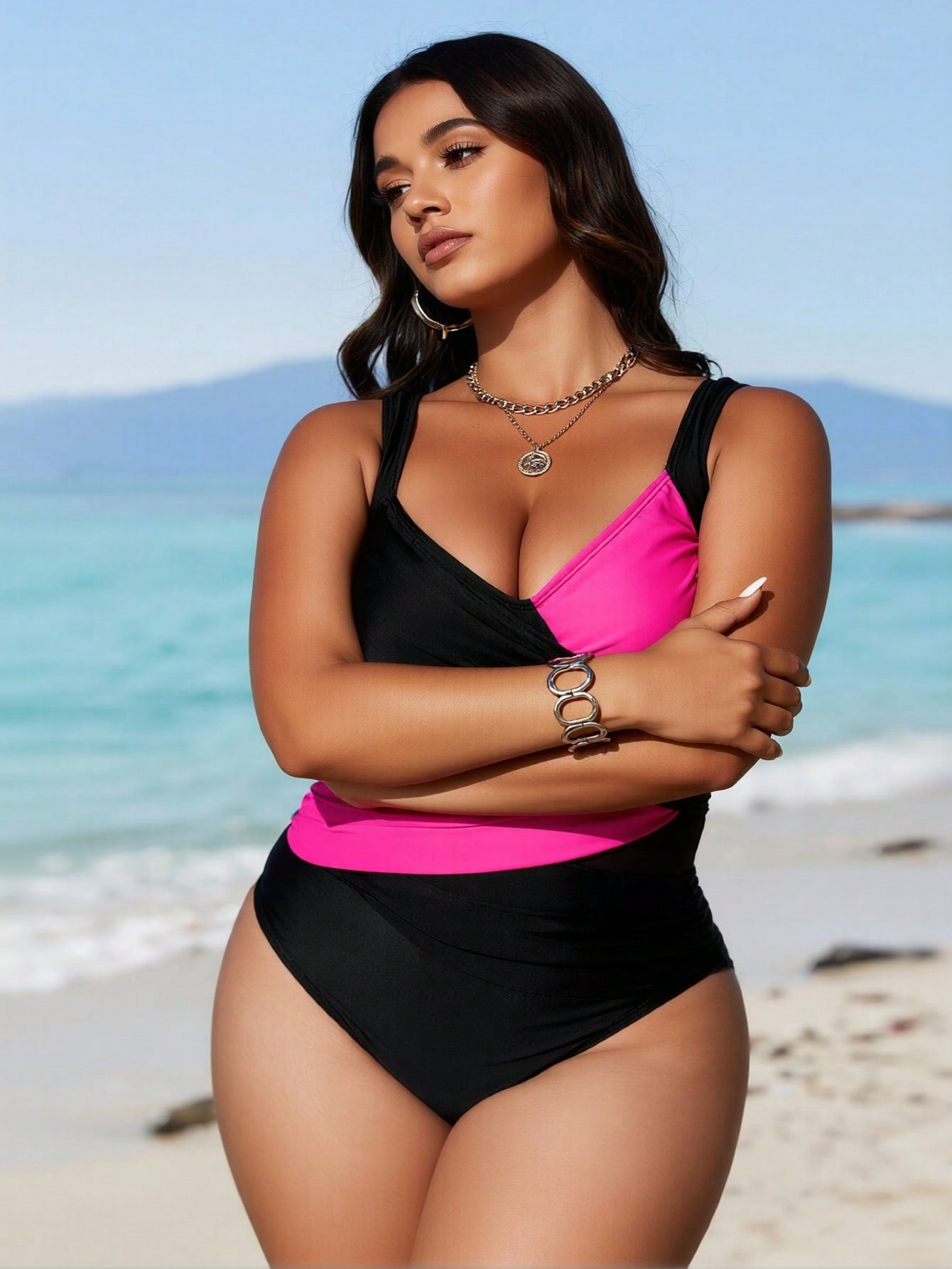 2026 New Women's One-Piece Swimsuit Black & Hot Pink Color Block, Wrap Front Detail, Wide Straps And Ruched Tummy Control