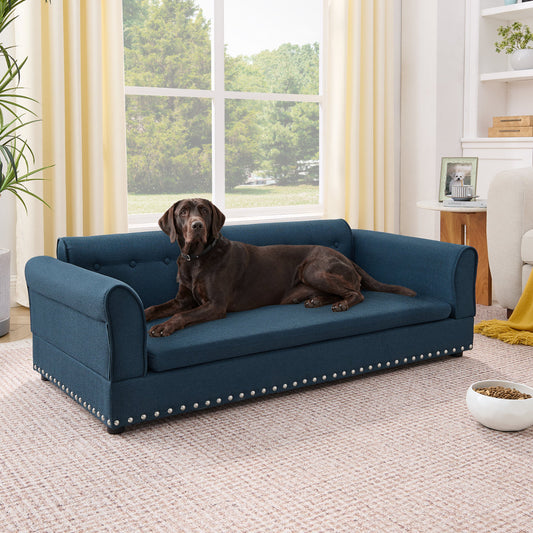 Oversized Pet Sofa ,Elegant Modern Linen Fabric Elevated Dog Sofa Bed, Comfortable Oversized Rectangular Pet Bed With Backrest & Armrest For Large & Oversized Dogs-Dark Blue