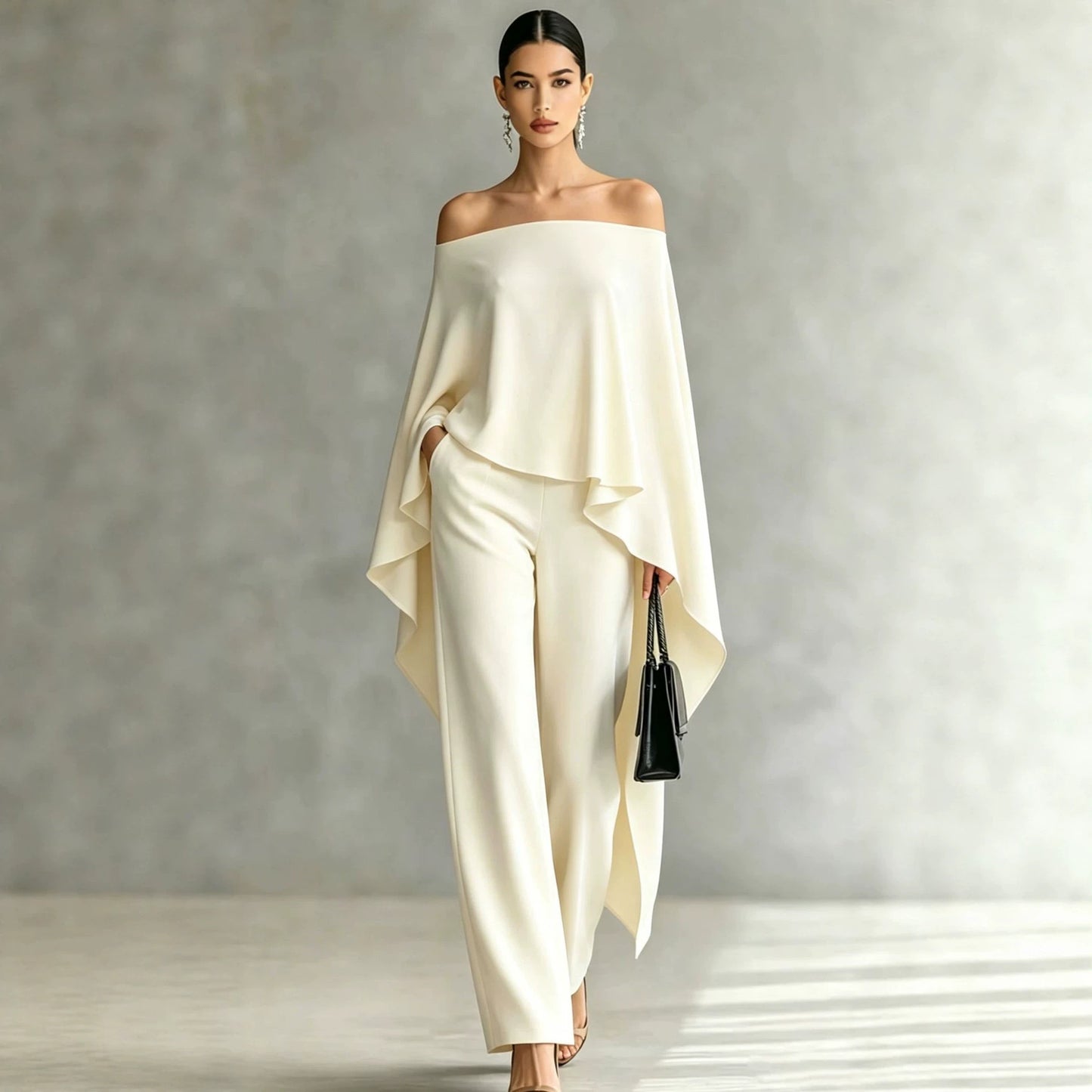 Autumn Fashion Off-Shoulder Wide-Leg Pants Set Womens Solid-Color Asymmetric Two-Piece Set
