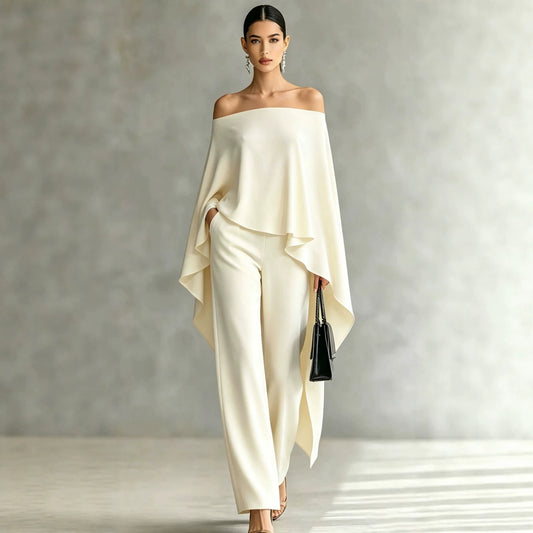 Autumn Fashion Off-Shoulder Wide-Leg Pants Set Womens Solid-Color Asymmetric Two-Piece Set