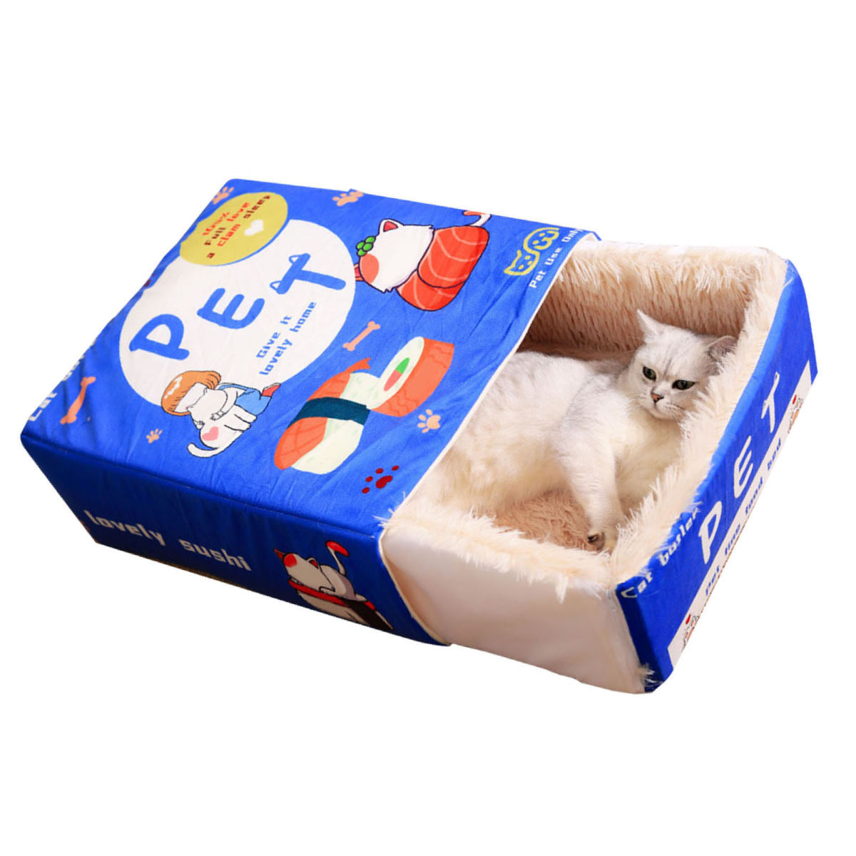 Snack Box Cat Bed Cartoon Rectangular Fully Enclosed Four Season Universal Multifunctional Soft Pet Bed For Home Travel Blue