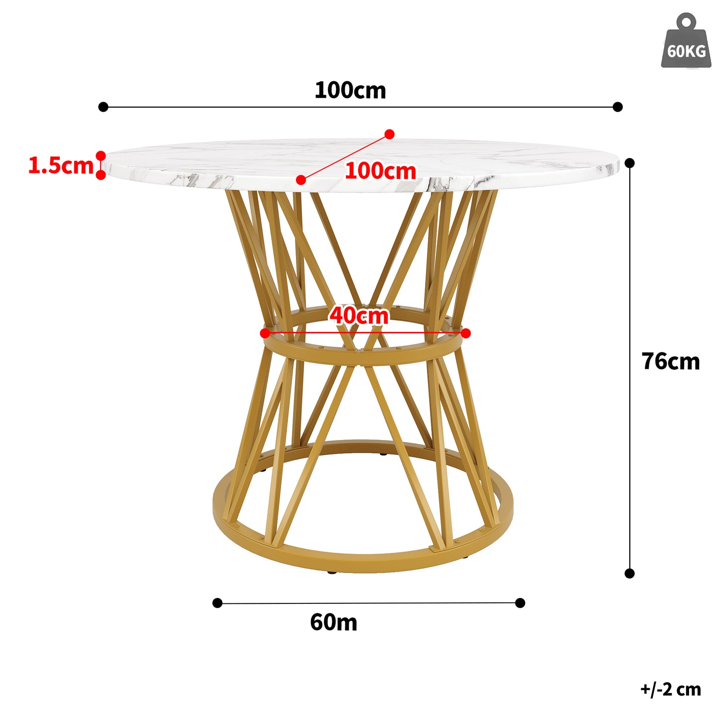 Round Dining Table  100x100x76cm , Kitchen Dining Table, Round Coffee Table For 4 People, Suitable For Dining Room, Living Room, Stylish Metal Table Legs, MDF Marble Table Top, Gold