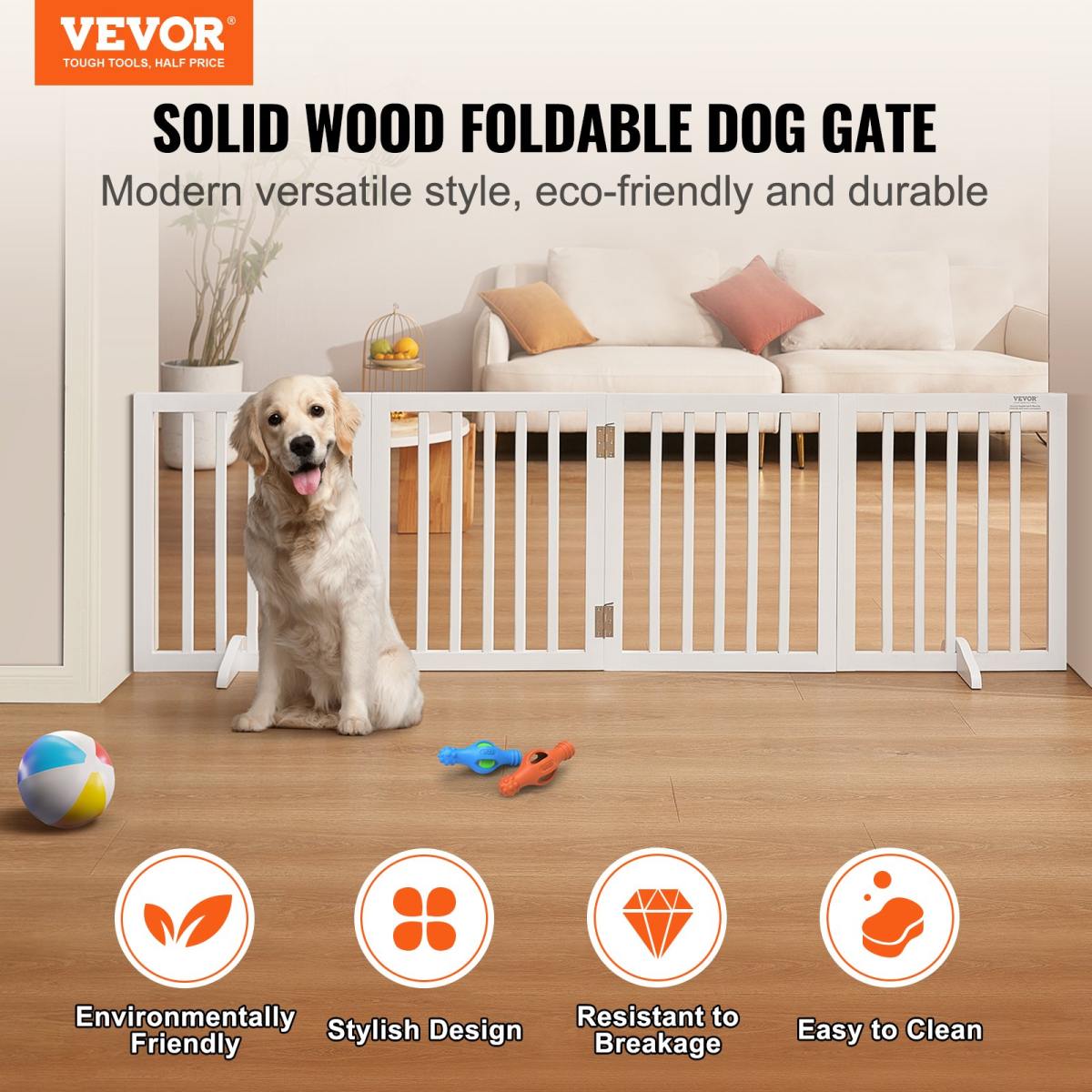 Free Standing Dog Gate, 24" H X 80.3" W Freestanding Pet Gate, 4 Panels Foldable Dog Gate For Wide And Narrow Passageways, Expandable Dog Barrier With Silent Foot Support For Indoor, White