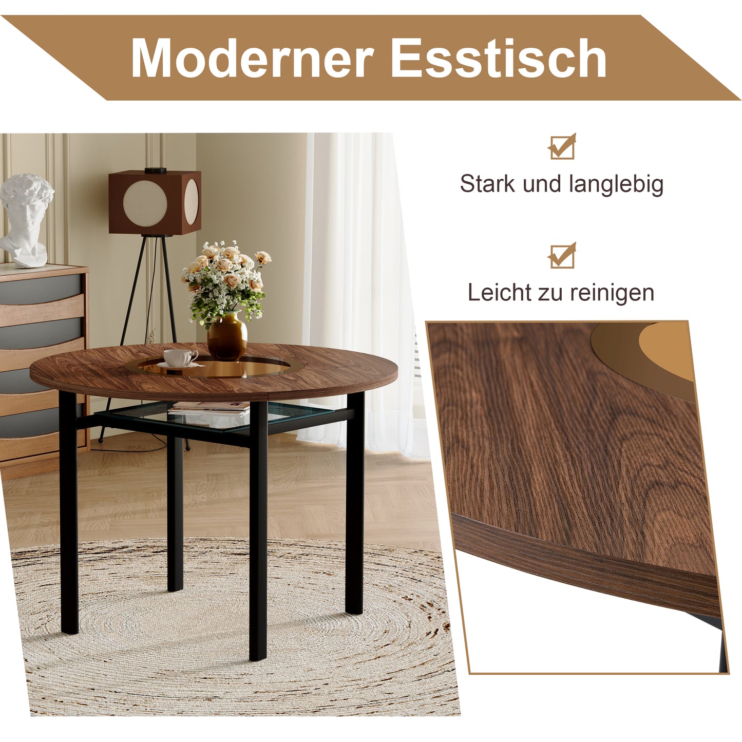 Modern Minimalist Round Dining Table Set  With 2 Brown Tech Fabric Armchairs With Black Metal Legs , Round Table With 100 Cm Diameter In Wood Look, Suitable For Dining Room And Kitchen.