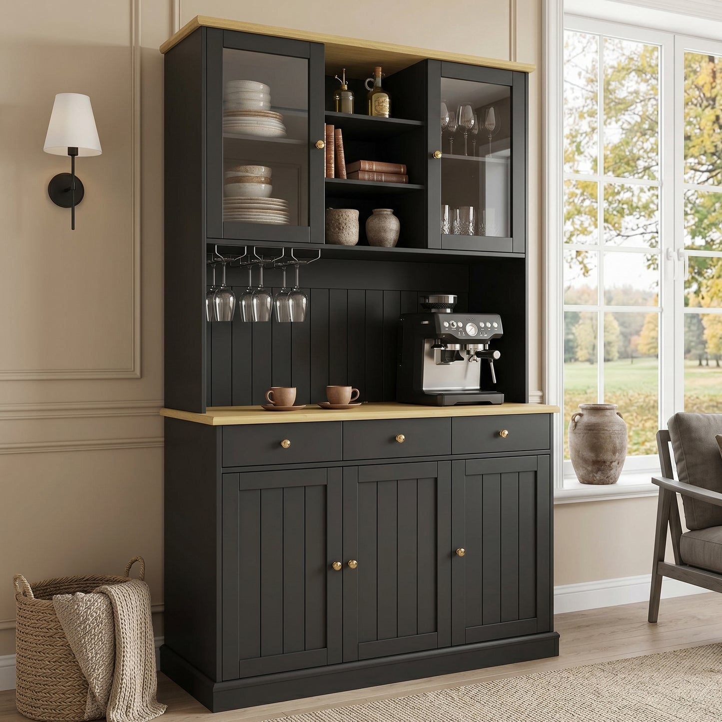 Kitchen Cabinets   120 X 40 X 191 Cm  , Tall Kitchen Cabinets, Sideboards,  Features Include A Power Outlet   2 Power Outlets  USB-A  USB-C   And A Wine Glass Holder, Adjustable Shelves,  Black