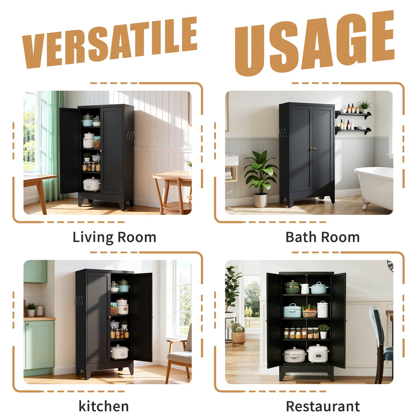 47.3  Black Metal Kitchen Pantry Cabinet Adjustable Storage With 3 Shelves  110lb Capacity , Heavy Duty Freestanding Pantry Organizer For Kitchen, Pantry, Living Room