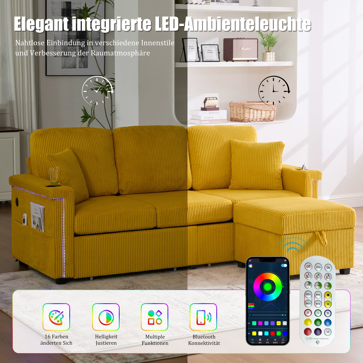 High-quality Velvet Sofa With LED Lighting & USB-C Port, Including Storage Footboard, Practical Cup Holders And Side Pockets  Premium Quality For The Living Room, Bedroom Or Office.