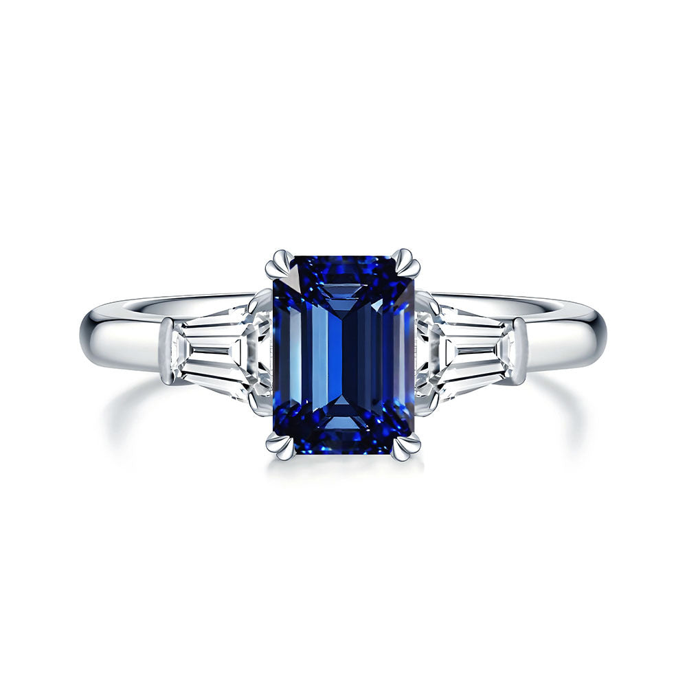 S925 Sterling Silver Aquamarine Fashion Sugar-cube Small Diamond Ring Womens Jewelry