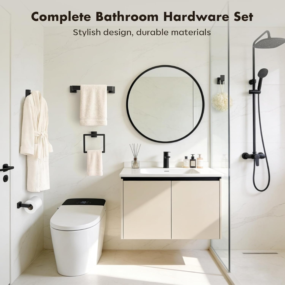 5-Pieces Matte Black Bathroom Hardware Accessories Set SUS304 Stainless Steel Bath Towel Bar Set Wall Mounted