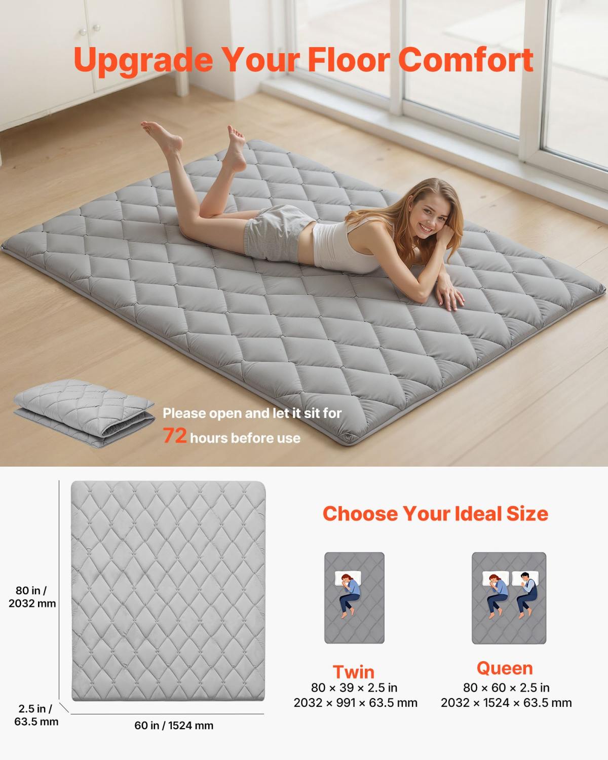 Japanese Tatami Mat, Queen Size Foldable Japanese Tatami Mattress, Futon Mattress With Storage Bag & Fastener, 9-Layer Floor Mat For Sleeping, Dormitory, Meditation, Yoga, 80 X 60 X 2.5 In, Gray