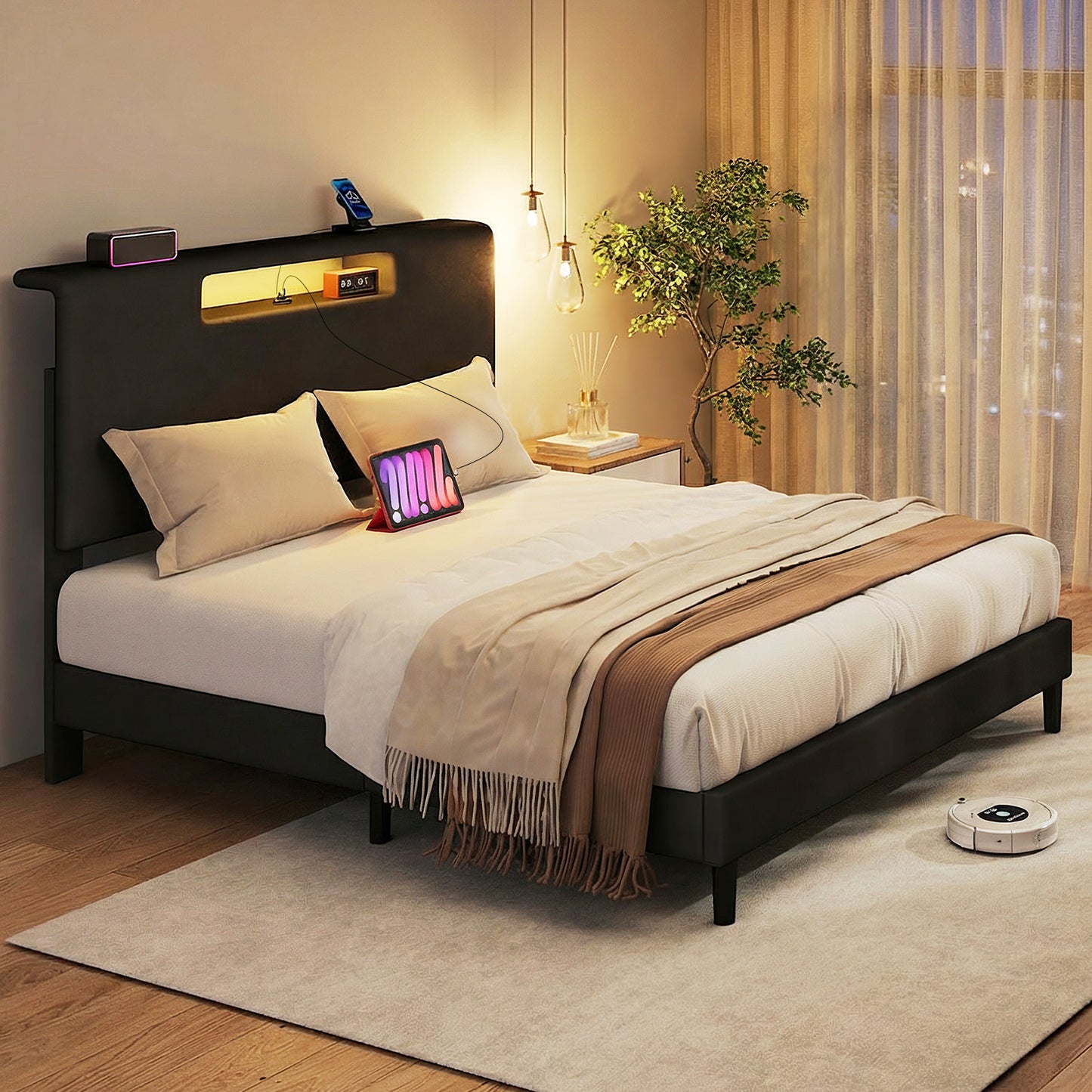 Full Size Upholstered Bed Frame With High Headboard Adjustable LED Lights Charging Port Wood Slat Support Platform Bed Frame Noiseless No Box Spring Needed Easy Assembly Black
