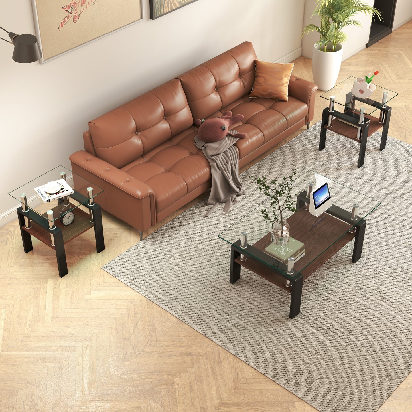 Set Of 2 Modern Tempered Glass Tea Table,Tempered Glass Tabletop With MDF Layer,Coffee Table,End Table, Square Table For Living Room, Transparent Black